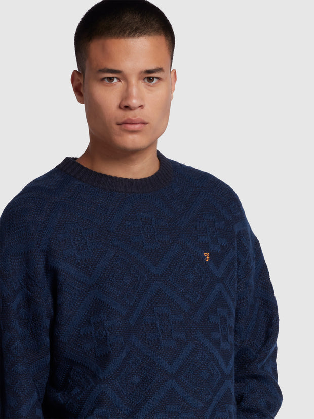Roma Archive Textured Knit Crew Neck Sweater In True Navy