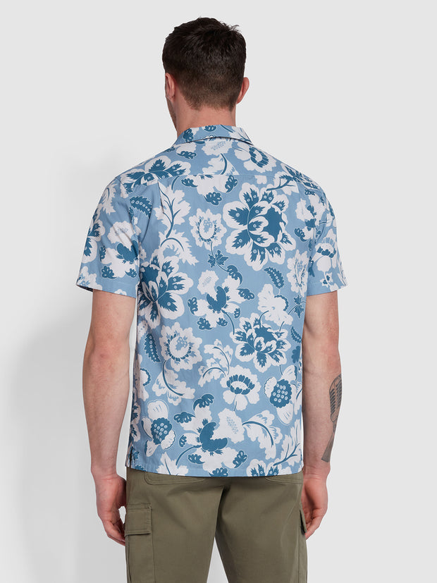 Manzarek Modern Fit Revere Print Shirt In Faded Denim Blue