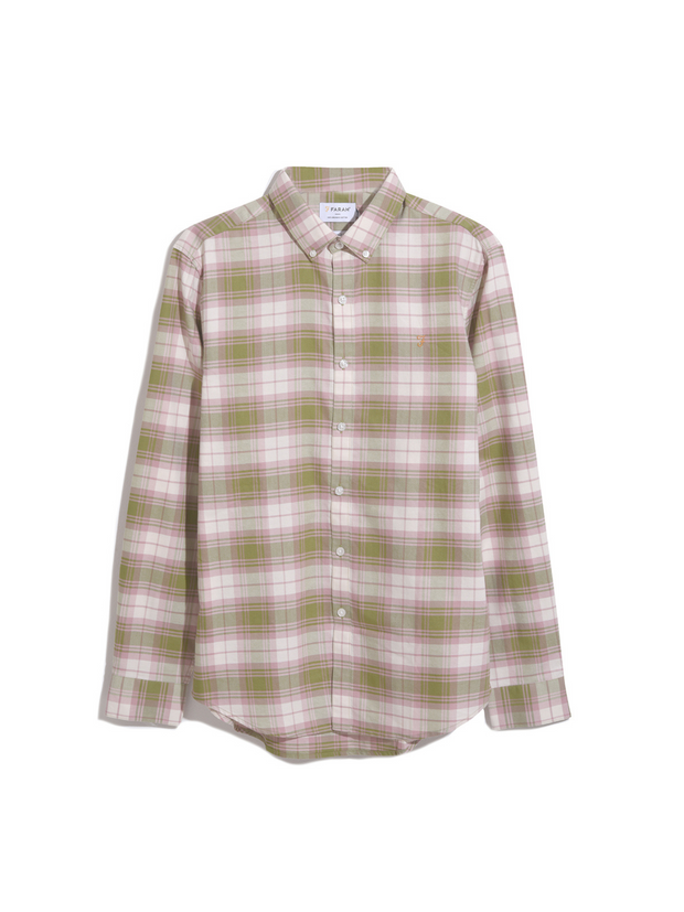 Brewer Slim Fit Check Organic Cotton Long Sleeve Shirt In Moss Green