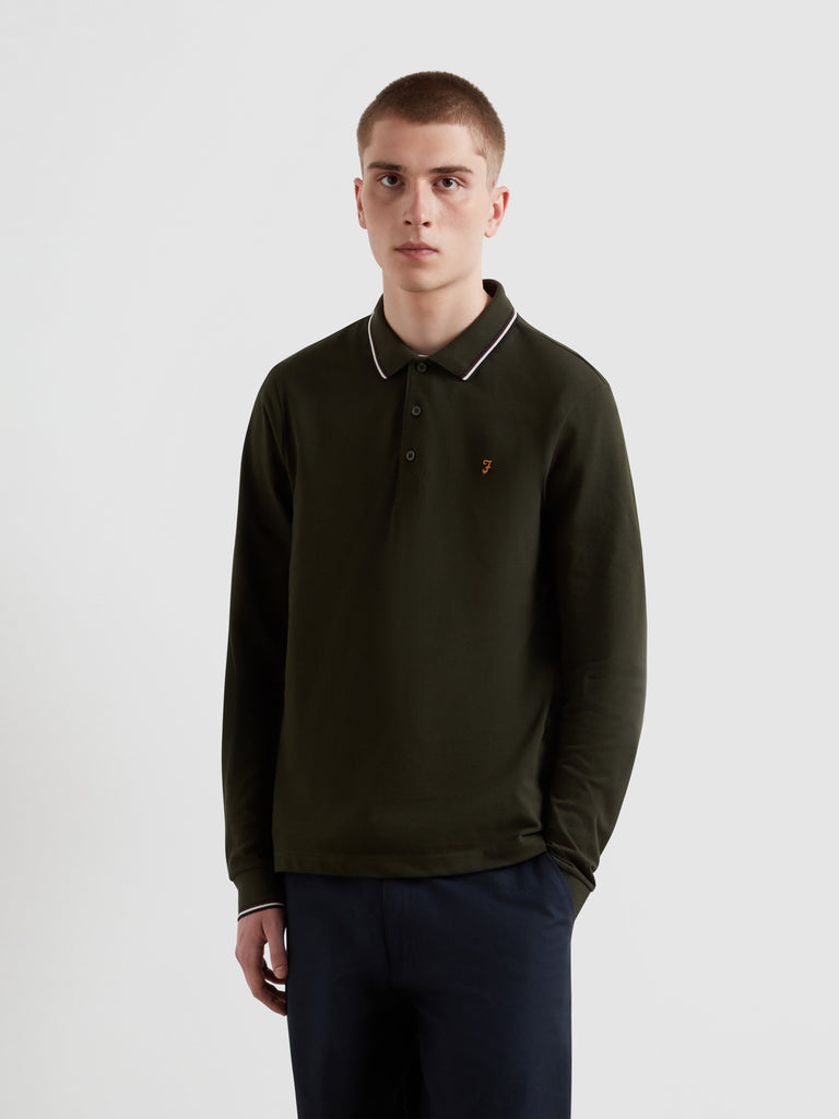 Elton Tipped Long Sleeve Polo Shirt Evergreen