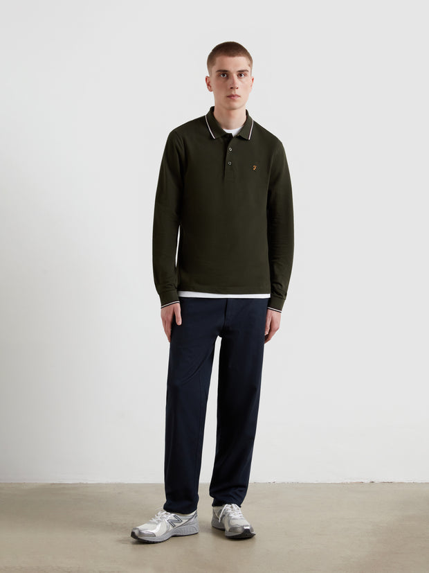 Elton Tipped Long Sleeve Polo Shirt (Evergreen) Styled