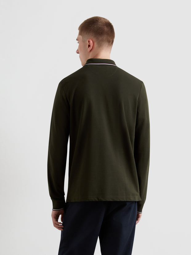 Elton Tipped Long Sleeve Polo Shirt (Evergreen) Back