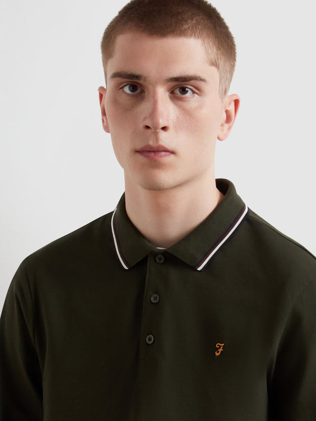 Elton Tipped Long Sleeve Polo Shirt (Evergreen) Detail