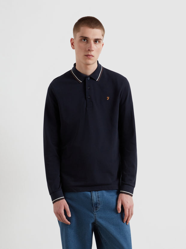 Elton Tipped Long Sleeve Polo Shirt (True Navy) Front