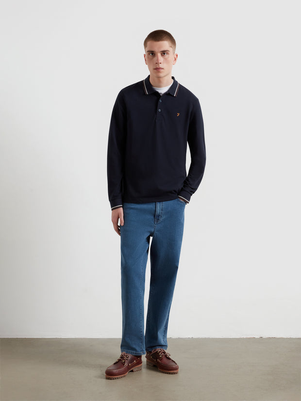 Elton Tipped Long Sleeve Polo Shirt (True Navy) Styled