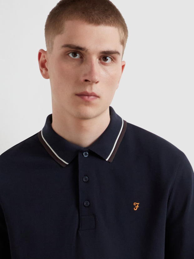 Elton Tipped Long Sleeve Polo Shirt (True Navy) Detail