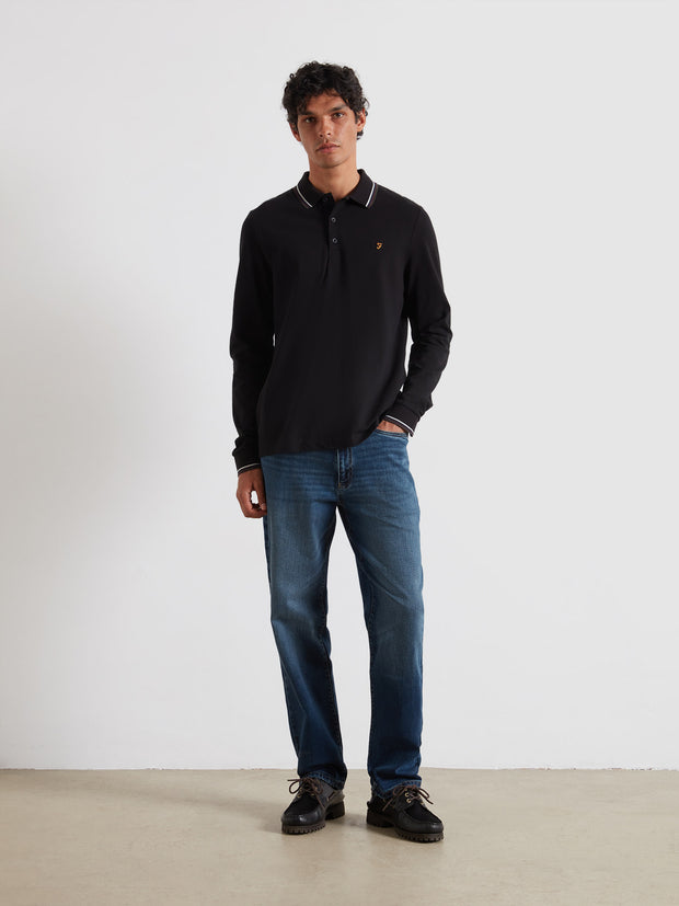 Elton Tipped Long Sleeve Polo Shirt (Black) Styled