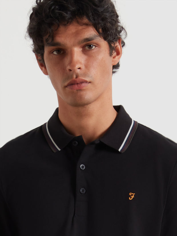 Elton Tipped Long Sleeve Polo Shirt (Black) Detail