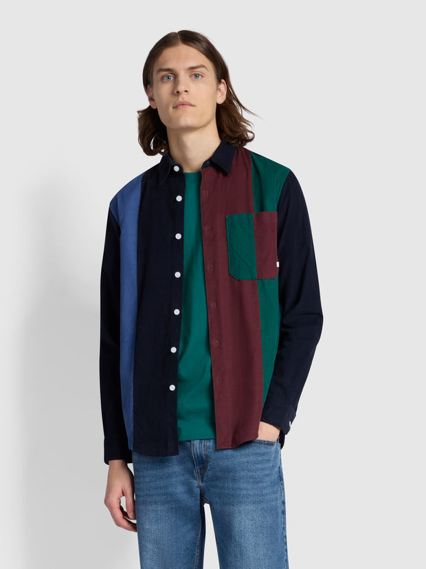 Panino Casual Fit Long Sleeve Corduroy Patchwork Shirt In True Navy