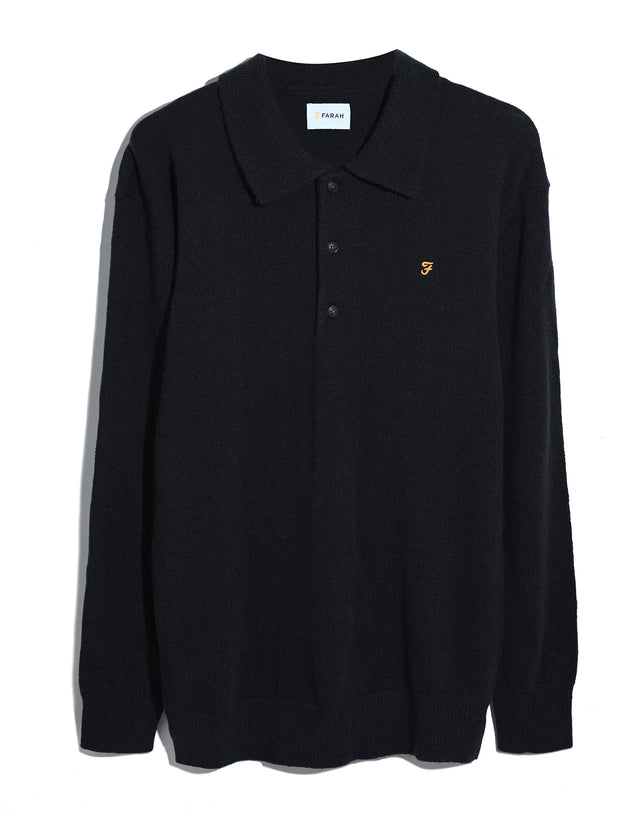 Matson Knitted Long Sleeve Polo Shirt (Black) Flat