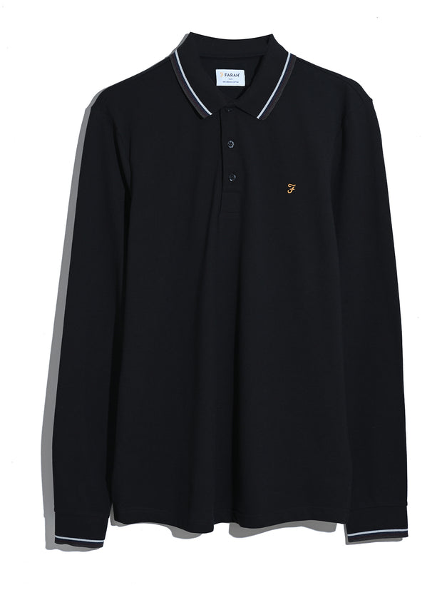 Elton Tipped Long Sleeve Polo Shirt (Black) Flat