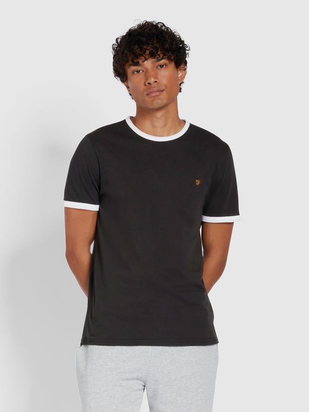Groves – Schmal geschnittenes Ringer-T-Shirt aus Bio-Baumwolle in Schwarz