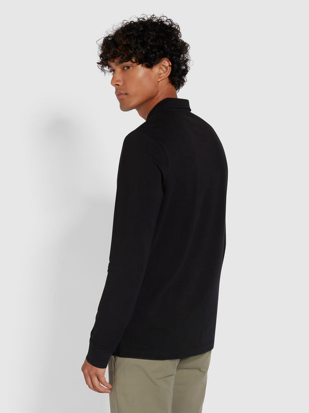 Haslam Slim Fit Long Sleeve Organic Cotton Polo Shirt In Black