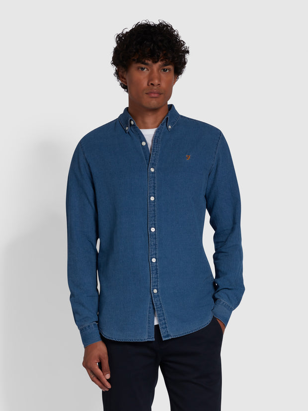 Brewer Slim Fit Organic Cotton Denim Shirt In Mid Indigo