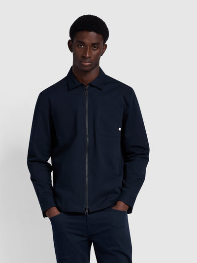 Olmes Casual Fit Long Sleeve Zipped Overshirt In True Navy