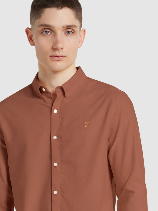 Brewer Slim Fit Organic Cotton Oxford Shirt In Teak