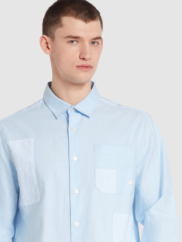 Brewer Patchwork Relaxed Fit Organic Cotton Long Sleeve Shirt In Sky Blue