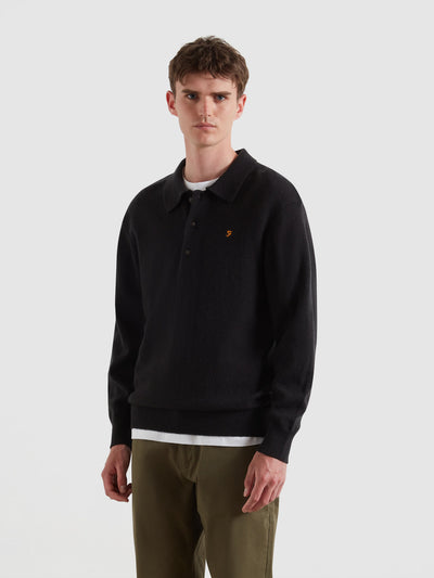 Matson Knitted Long Sleeve Polo Shirt (Black) Front