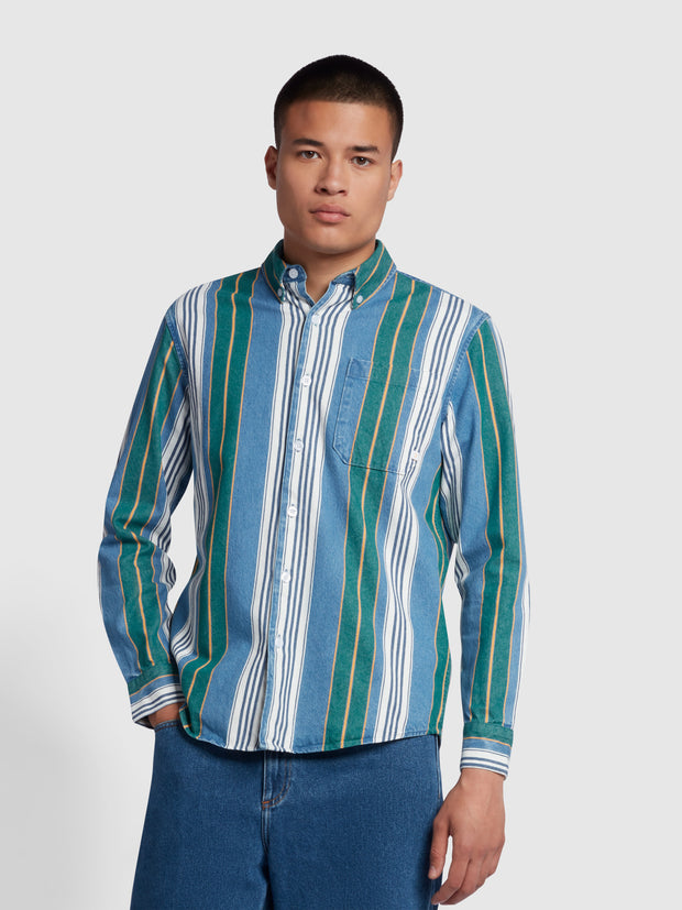 Umbria Casual Fit Long Sleeve Stripe Denim Shirt In Dark Ocean Green