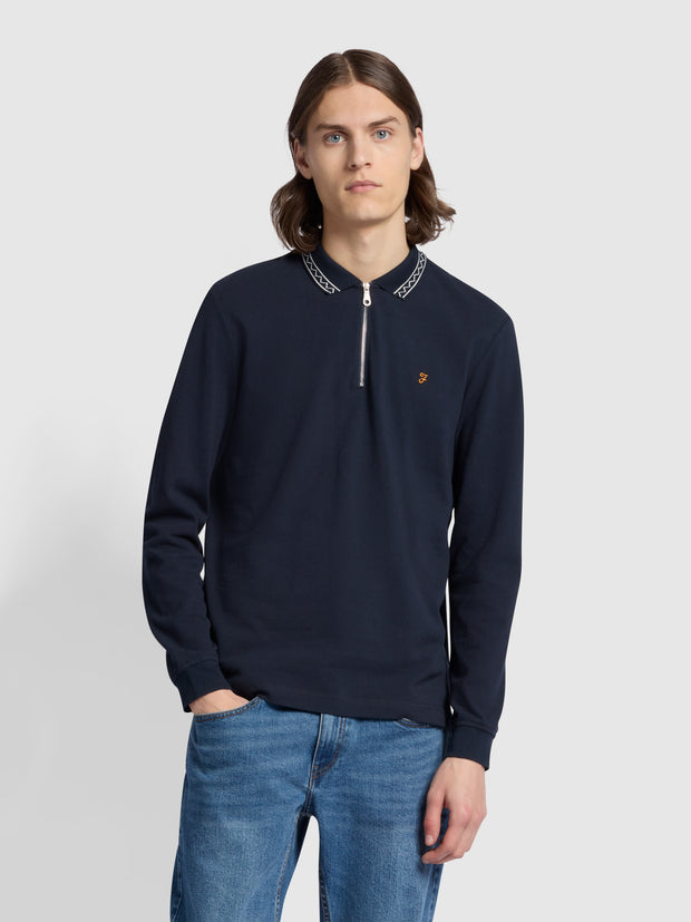 Milan Regular Fit Quarter Zip Tipped Polo Shirt In True Navy