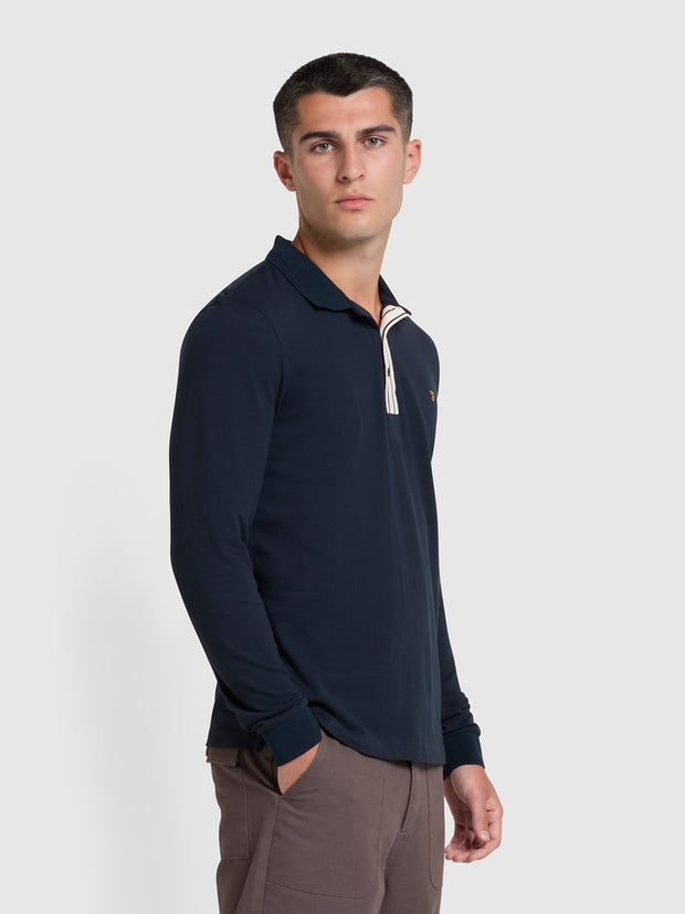 Drexler Organic Cotton Long Sleeve Polo Shirt In True Navy