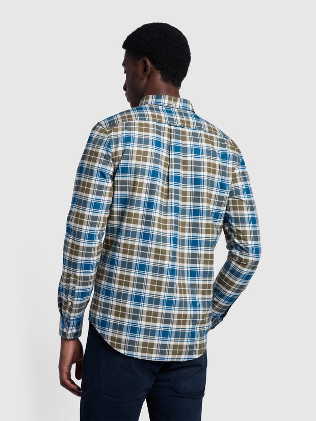 Brewer Slim Fit Organic Cotton Oxford Check Shirt In Olive Green