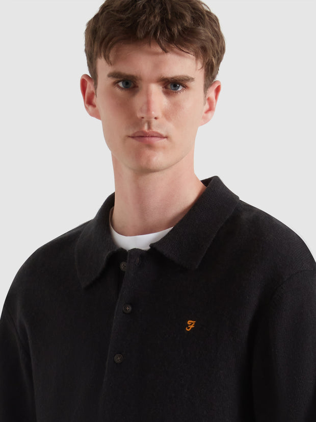 Matson Knitted Long Sleeve Polo Shirt (Black) Detail