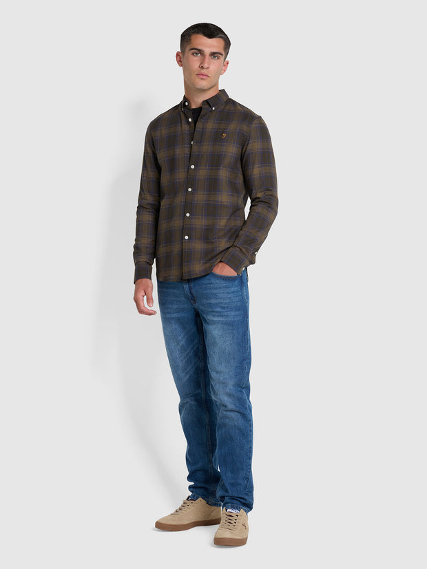 Brewer Check Slim Fit Organic Cotton Long Sleeve Shirt In Liquorice Blue