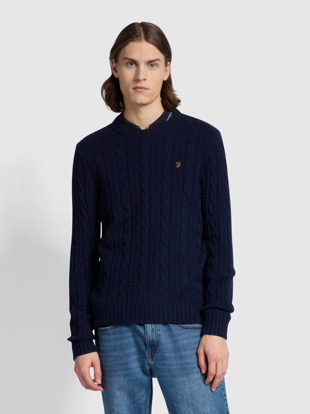 Saluzzo Regular Fit Cable Crew Neck Sweater In True Navy