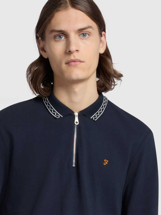 Milan Regular Fit Quarter Zip Tipped Polo Shirt In True Navy