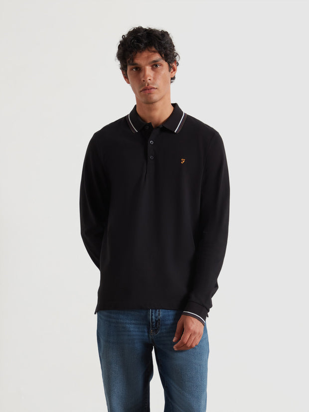 Elton Tipped Long Sleeve Polo Shirt (Black) Front