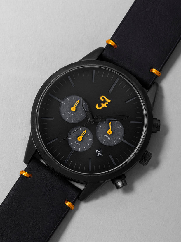 Farah Chrono Watch With Leather Strap In Deep Black