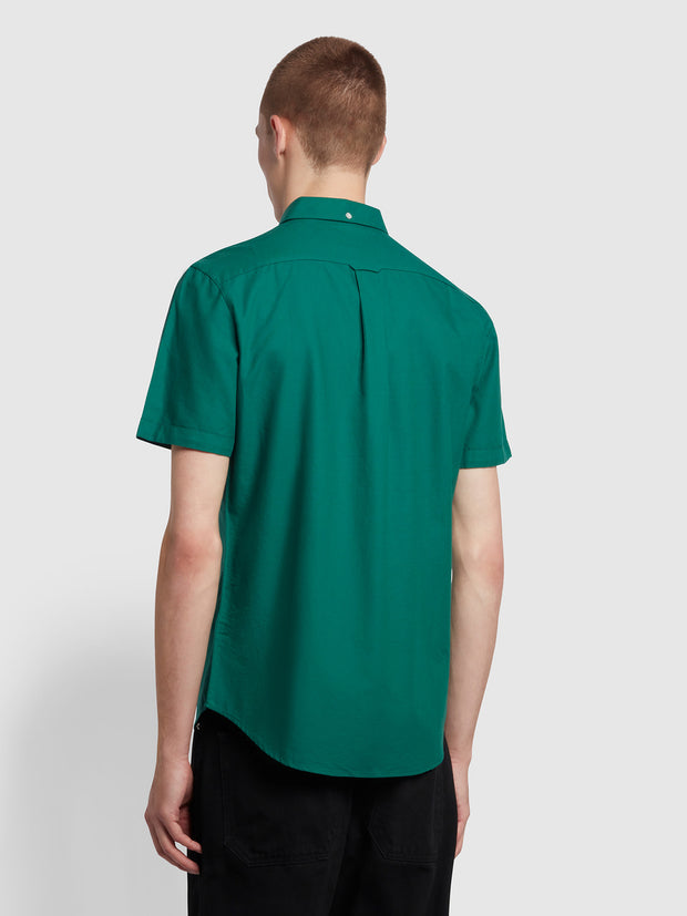 Brewer Slim Fit Short Sleeve Organic Cotton Oxford Shirt In Green Haze