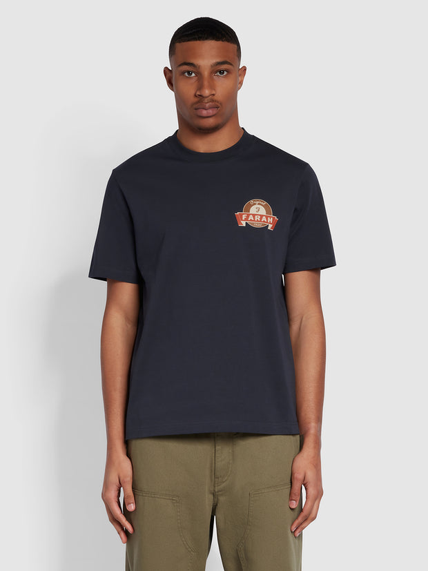 Forrester Regular Fit Badge Print T-Shirt In True Navy