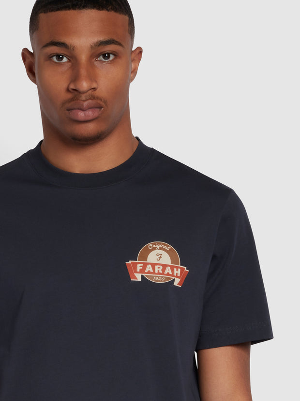 Forrester Regular Fit Badge Print T-Shirt In True Navy