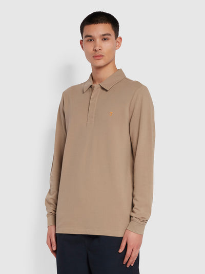 Haslam Slim Fit Long Sleeve Organic Cotton Polo Shirt In Smoky Brown