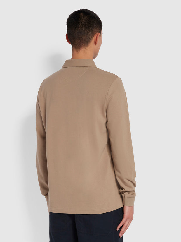 Haslam Slim Fit Long Sleeve Organic Cotton Polo Shirt In Smoky Brown