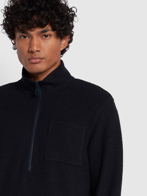 Devlin Regular Fit Towelling Half Zip Sweatshirt In True Navy