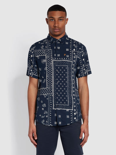 Marcus Casual Fit Print Short Sleeve Shirt In True Navy