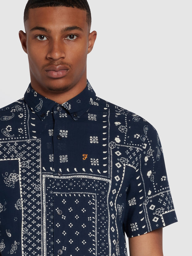 Marcus Casual Fit Print Short Sleeve Shirt In True Navy