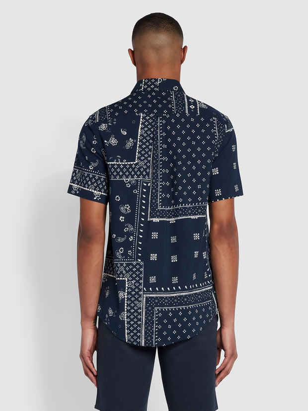 Marcus Casual Fit Print Short Sleeve Shirt In True Navy