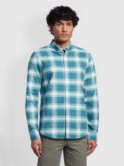 Brewer Slim Fit Organic Cotton Oxford Sleeve Check Shirt In Ocean