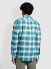 Brewer Slim Fit Organic Cotton Oxford Sleeve Check Shirt In Ocean