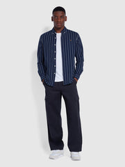 Brewer Casual Fit Indigo Striped Organic Cotton Shirt In Mid Indigo