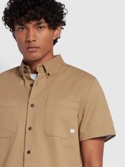 Merrick Casual Fit Short Sleeve Cotton Twill Shirt In Beige