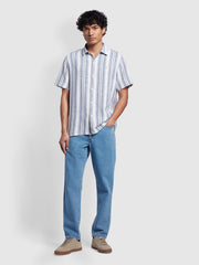 Horsemouth Casual Fit Stripe Short Sleeve Linen Shirt In Fog