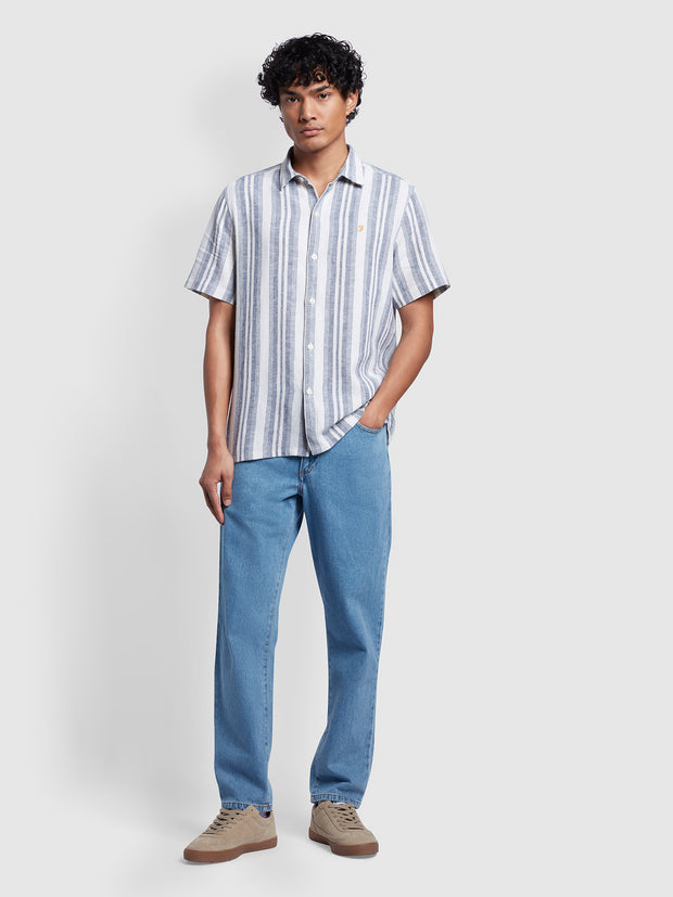 Horsemouth Casual Fit Stripe Short Sleeve Linen Shirt In Fog