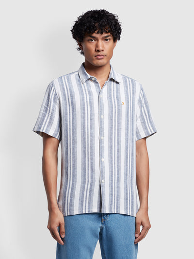 Horsemouth Casual Fit Stripe Short Sleeve Linen Shirt In Fog