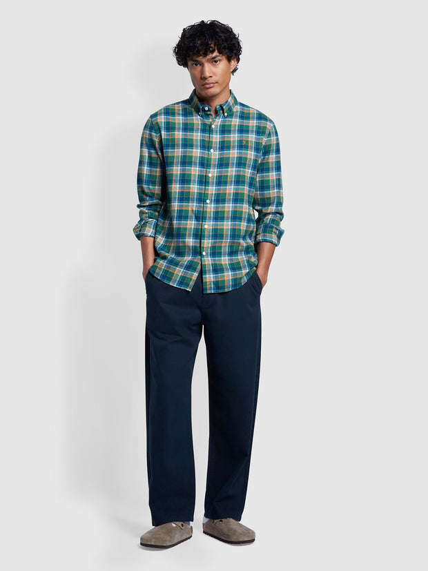 Leyroy Casual Fit Organic Cotton Check Shirt In Pea Green