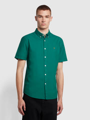 Brewer Slim Fit Short Sleeve Organic Cotton Oxford Shirt In Green Haze